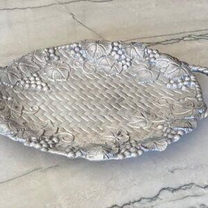 Vintage LENOX Metal Serveware Large Grape Basket Weave Oval Tray 22.5" w/handles